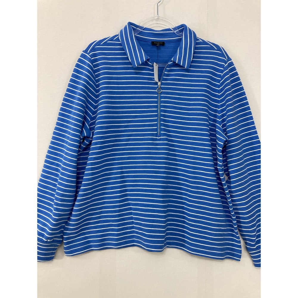 New Talbots Quarter Zip Pullover 1X Blue Striped Cotton Preppy Long Sleeve Top